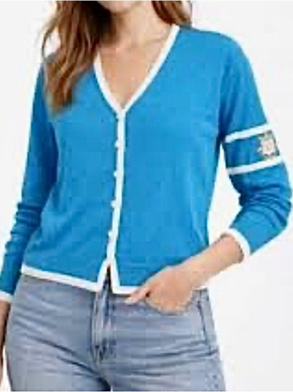 St. John Sport knit cardigan sweater Turquoise white stripe Womens S Preppy